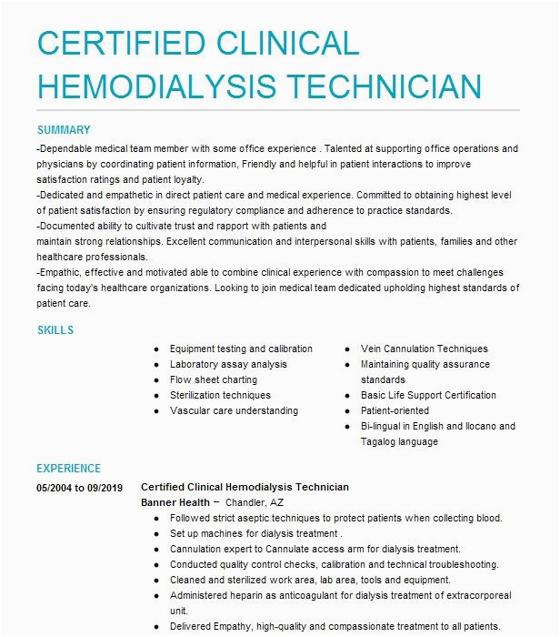Certified Clinical Hemodialysis Technician On Resume Sample Certified Clinical Hemodialysis Technician Registered Nurse Resume