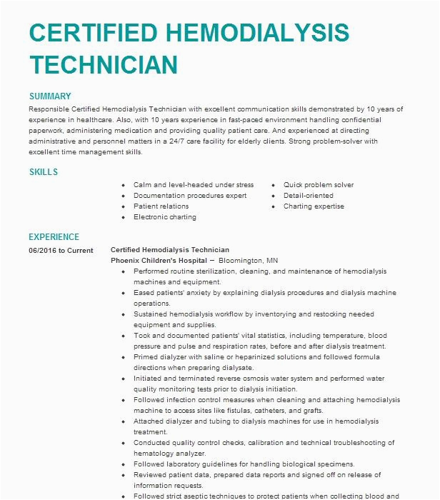 Certified Clinical Hemodialysis Technician On Resume Sample Certified Clinical Hemodialysis Technician Resume Example Fresenius
