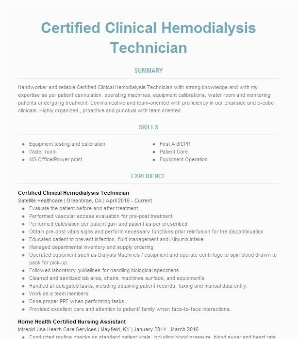 Certified Clinical Hemodialysis Technician On Resume Sample Certified Clinical Hemodialysis Technician Resume Example Satellite