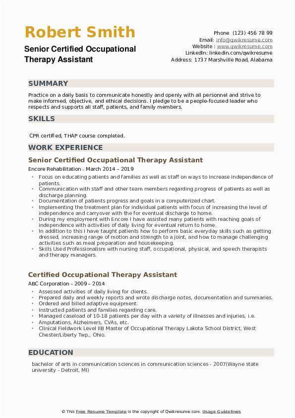 Certified Occupational therapist assistant Sample Resume Certified Occupational therapy assistant Resume Samples