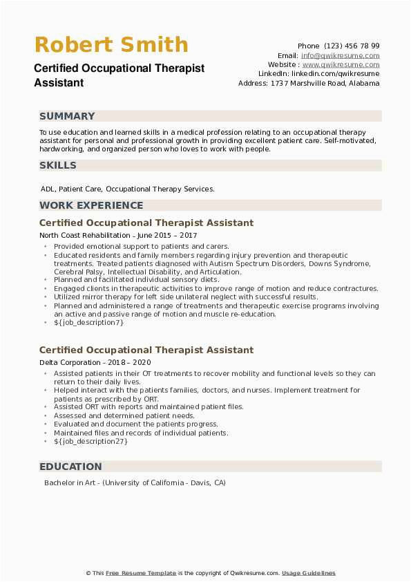 Certified Occupational therapy assistant Resume Samples Certified Occupational therapist assistant Resume Samples