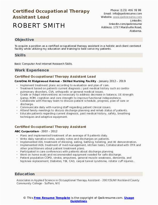 Certified Occupational therapy assistant Resume Samples Certified Occupational therapy assistant Resume Samples