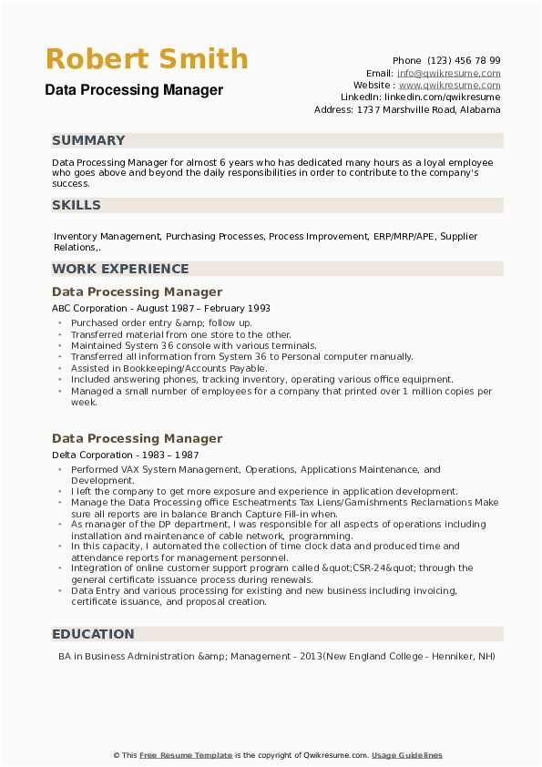 Data Manager Job Description Resume Sample Data Processing Manager Resume Samples