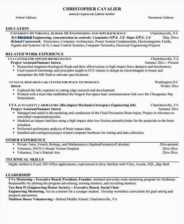 Electrical Engineering Undergrad Student Sample Resume 20 Engineering Resume Templates In Pdf