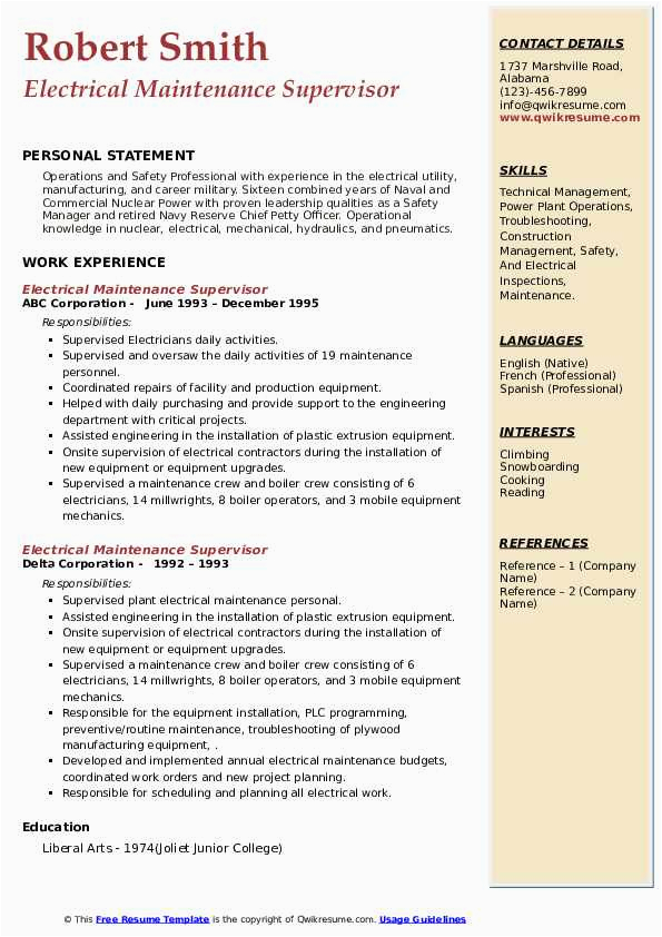 Electrical Installation and Maintenance Resume Sample Electrical Maintenance Supervisor Resume Samples