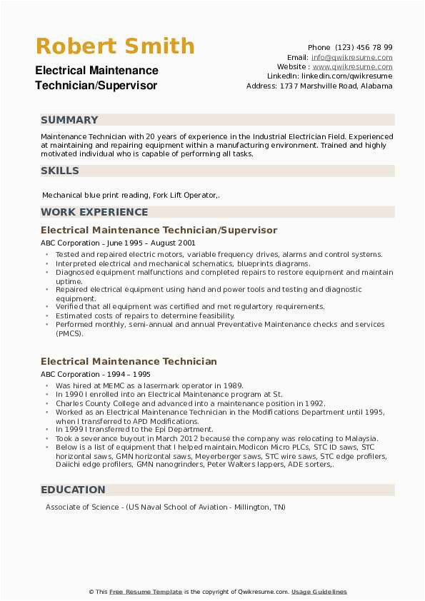 Electrical Installation and Maintenance Resume Sample Electrical Maintenance Technician Resume Samples