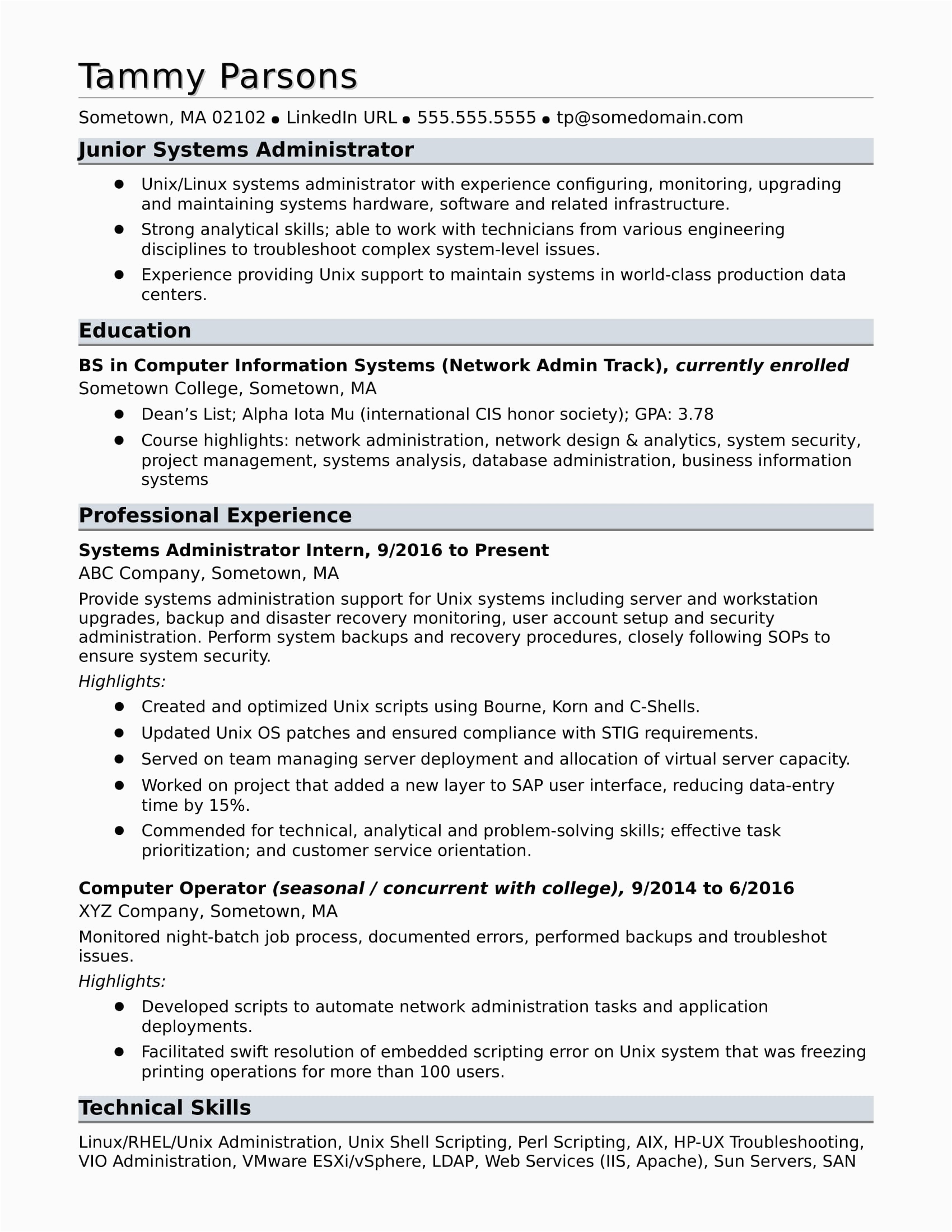 Entry Level It Resume Examples and Samples Entry Level Systems Administrator Resume Sample