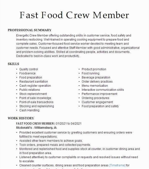 Fast Food Restaurant Service Crew Resume Sample Fast Food Crew Member Resume Example Hudson Group Seattle Washington