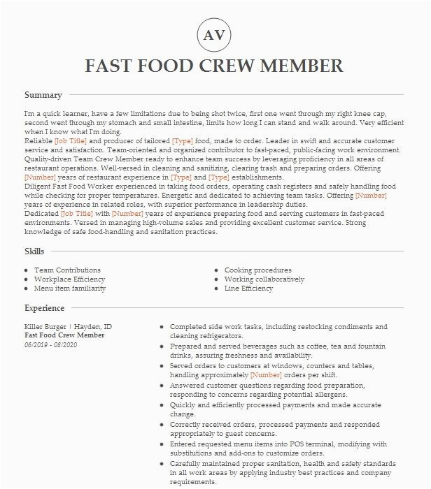 Fast Food Restaurant Service Crew Resume Sample Fast Food Crew Member Resume Example Mcdonald S West Babylon New York