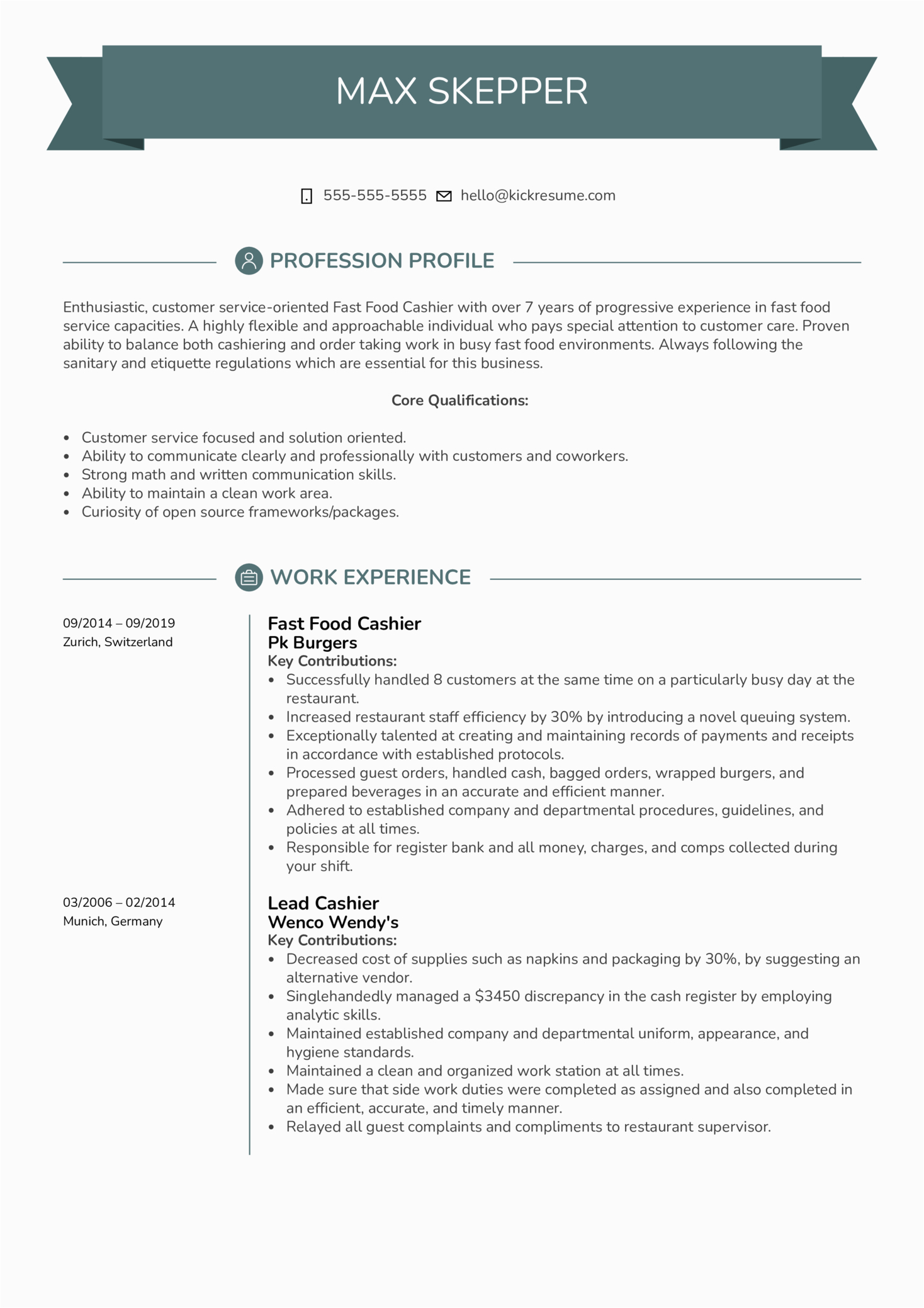 Fast Food Resume Sample with Experience Fast Food Cashier Resume Example