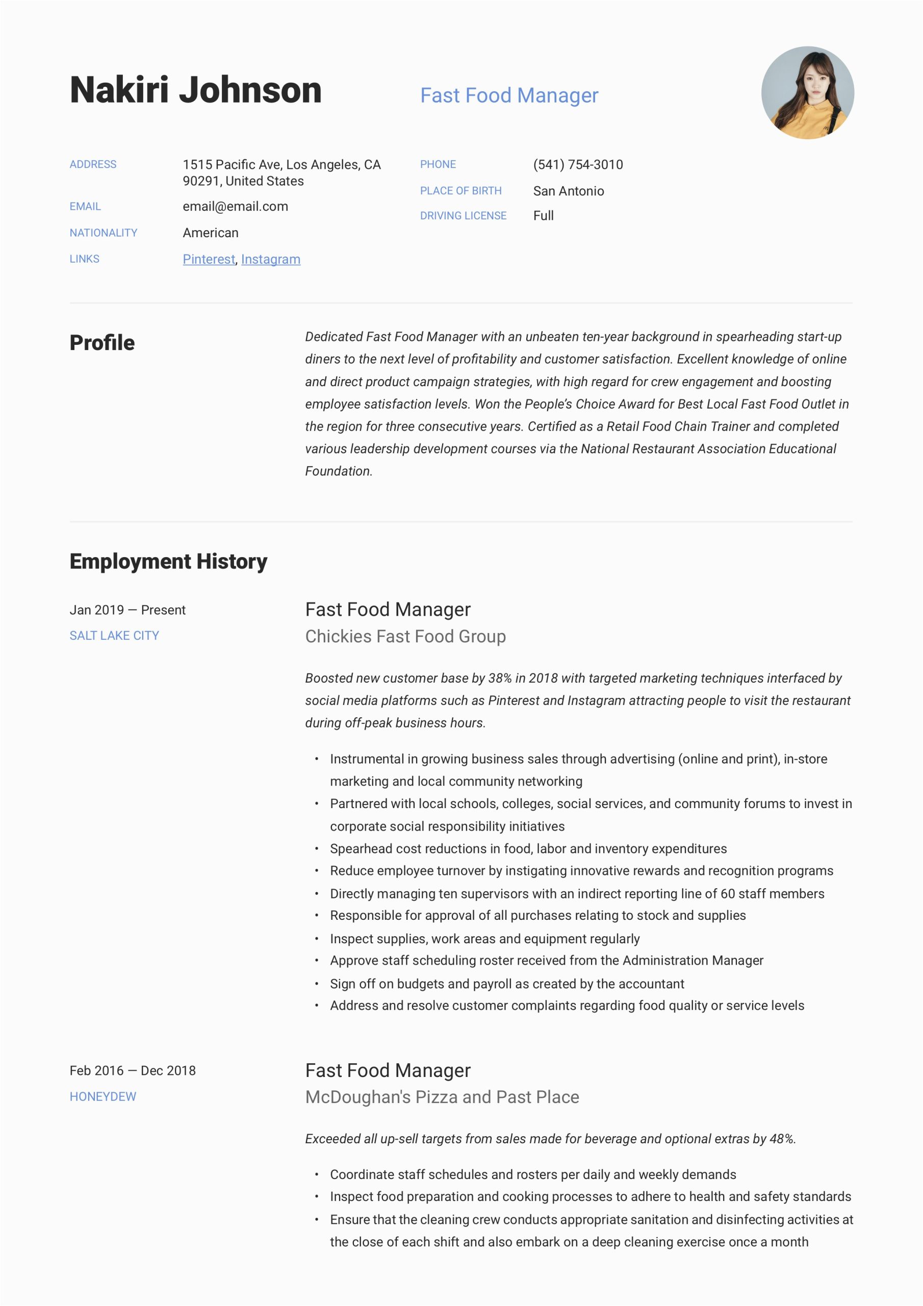 Fast Food Resume Sample with Experience Fast Food Manager Resume & Writing Guide 12 Examples