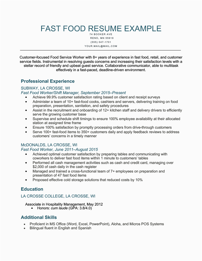 Fast Food Resume Sample with Experience Fast Food Resume [example for Download]
