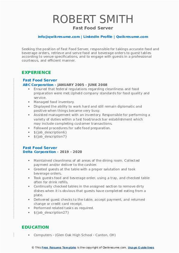Fast Food Resume Sample with Experience Fast Food Server Resume Samples