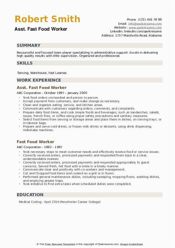Fast Food Resume Sample with Experience Fast Food Worker Resume Samples