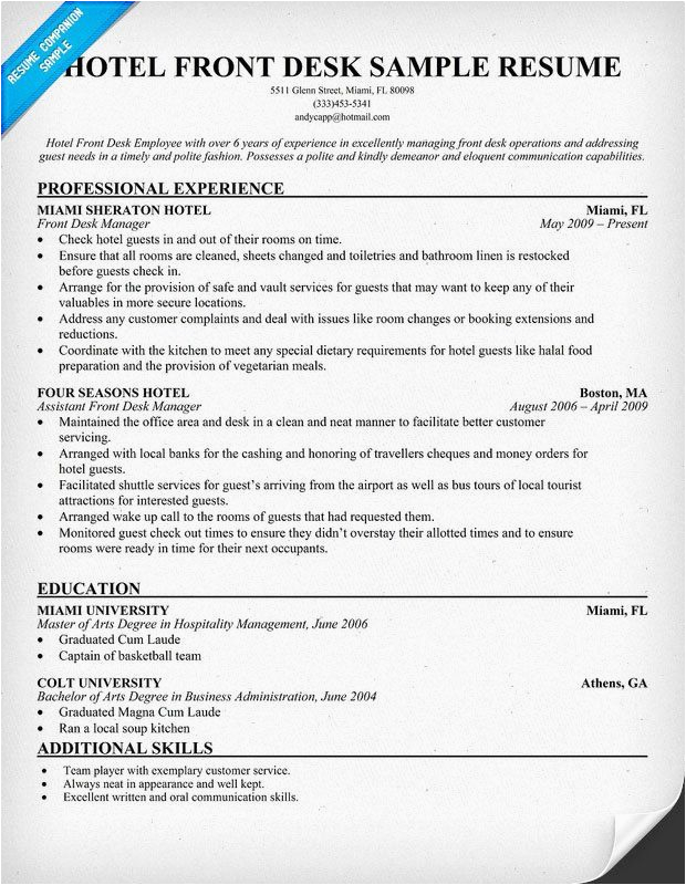 Front Office Manager at Hotel Sample Resume √ 20 Hotel Front Desk Resume In 2020