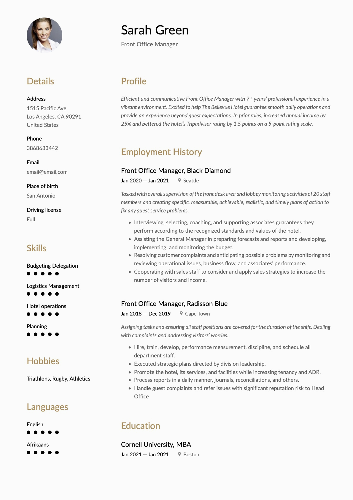 Front Office Manager Job Resume Sample Front Fice Manager Resume & Guide