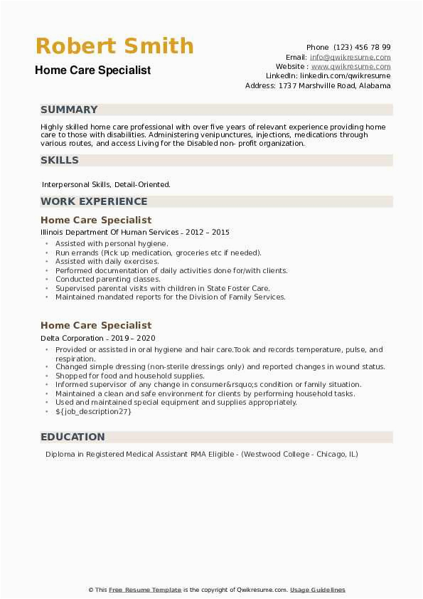 In Home Care Entrepreneur Resume Sample Home Care Specialist Resume Samples