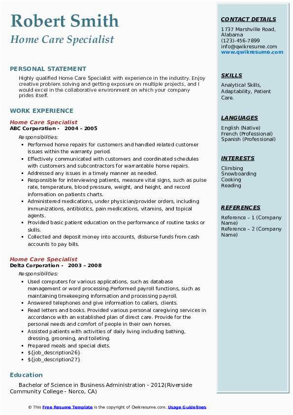 In Home Care Entrepreneur Resume Sample Home Care Specialist Resume Samples