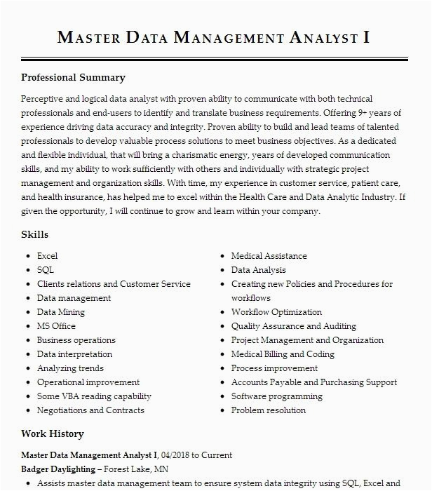 Master Data Management Analyst Sample Resume Senior It Analyst Master Data Management Resume Example Pany Name