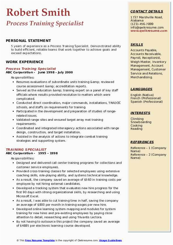 On the Job Training Sample Resume Training Specialist Resume Samples
