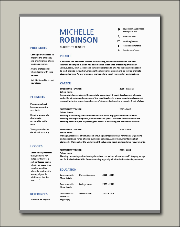 One Page Sample Resume for Sub Teacher Free Substitute Teacher Resume Template 8