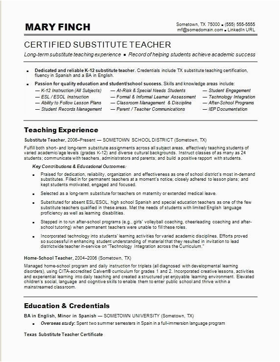 One Page Sample Resume for Sub Teacher Professional Resume Example Instant Download 1 Page Resume Example for