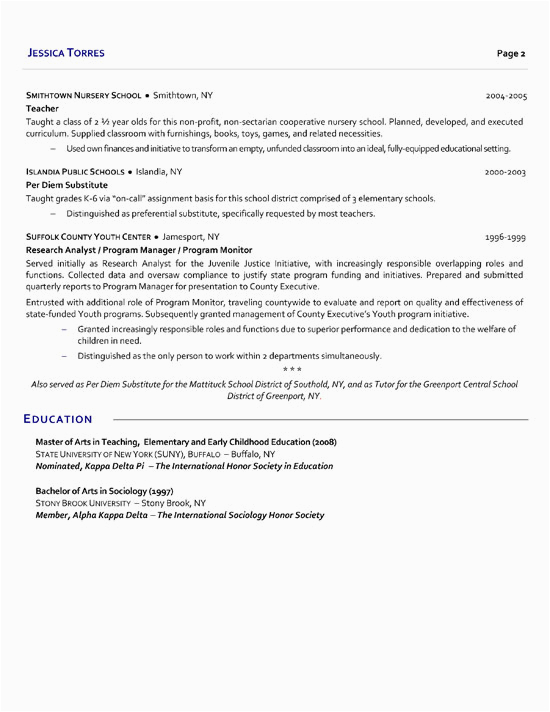 One Page Sample Resume for Sub Teacher Substitute Teacher Resume Example