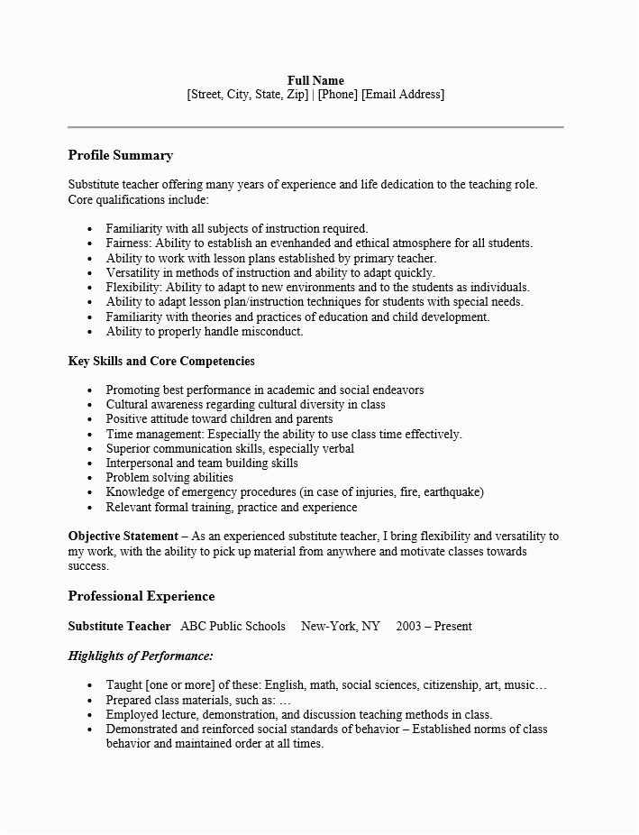 One Page Sample Resume for Sub Teacher Substitute Teacher Resume Template Resume Templates