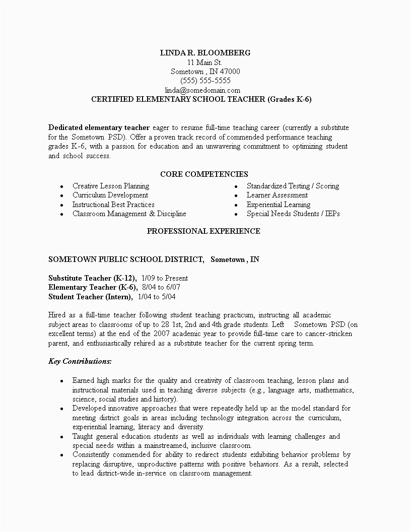 Print Off Sample Teaching Resumes Elementary Best Elementary School Teacher Resume