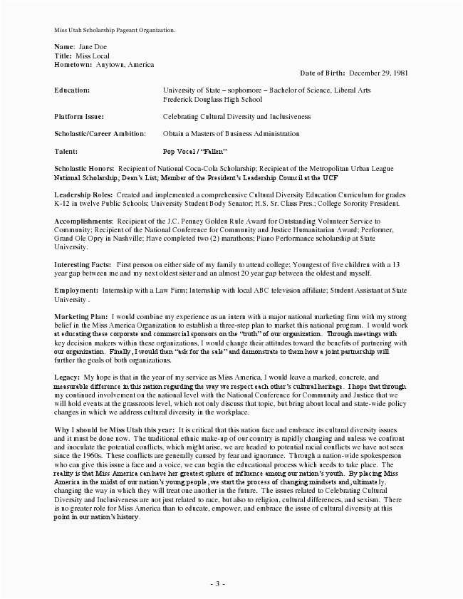 Resume for A Beauty Pageant Sample Miss Magna Contestant Website Resume