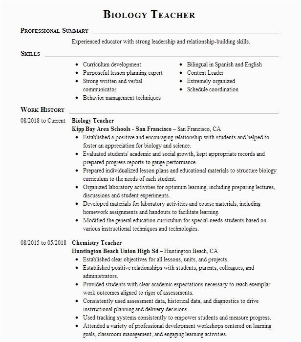 Resume for A High Schook Biology Teacher Sample Biology Teacher Resume Sample Resumes Misc