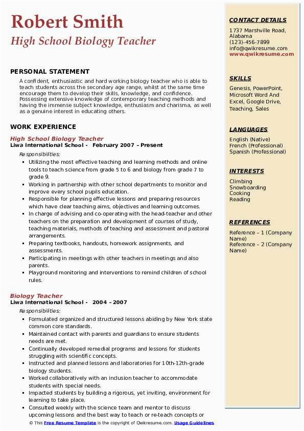 Resume for A High Schook Biology Teacher Sample Biology Teacher Resume Samples