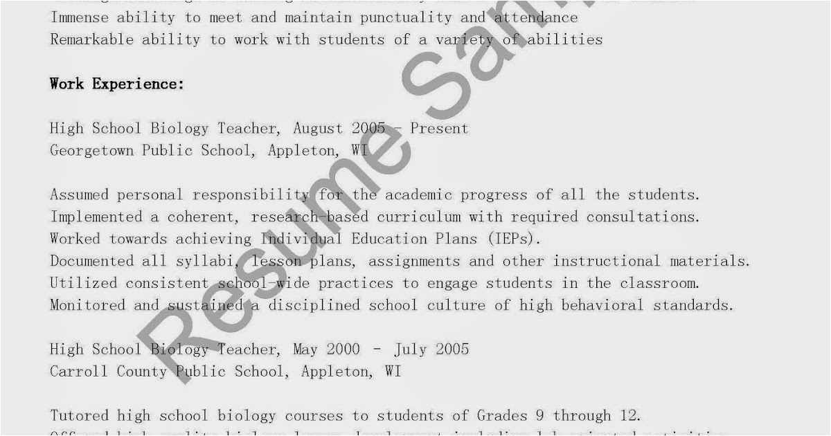 Resume for A High Schook Biology Teacher Sample Resume Samples High School Biology Teacher Resume Sample