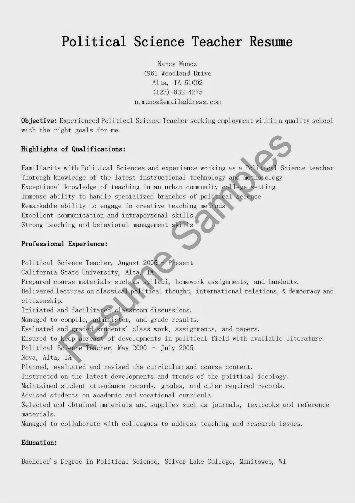 Resume Sample for Political Science Job Resume Samples Political Science Teacher Resume Sample