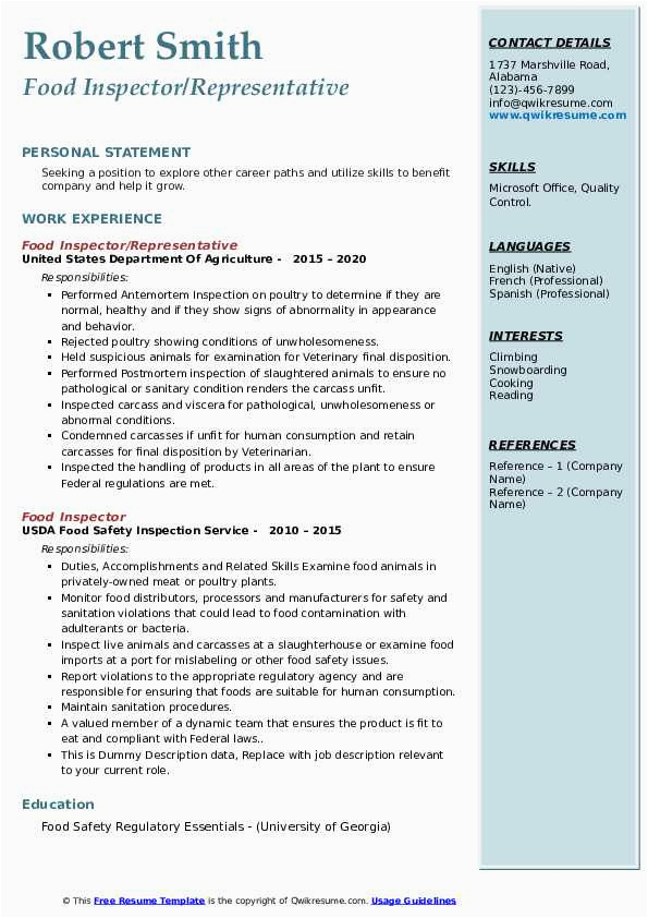 Resume Sample for Quality Control for Food Food Inspector Resume Samples