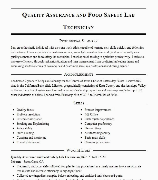 Resume Sample for Quality Control for Food Food Quality assurance Technician Resume Example Kellogg Pany