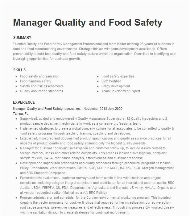 Resume Sample for Quality Control for Food Food Quality Manager Resume Example Kehe Food Distributors