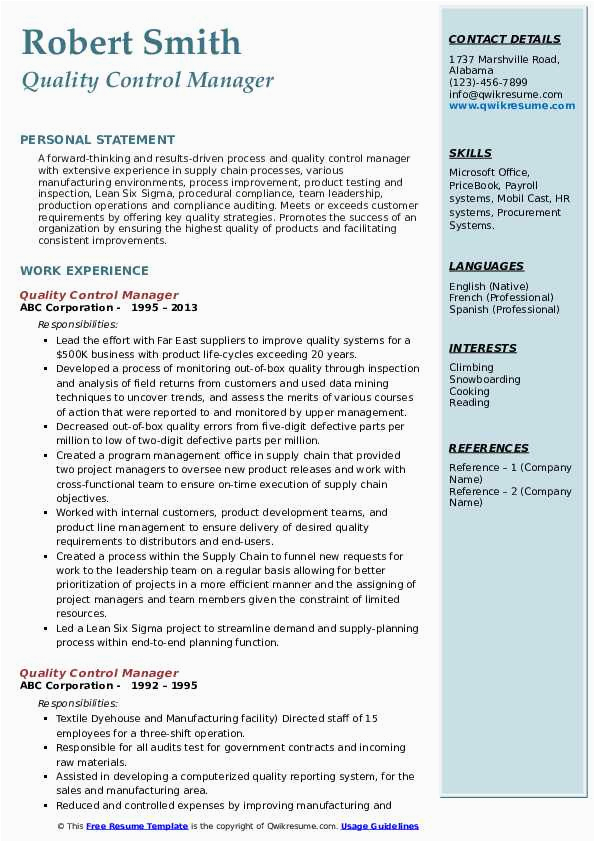 Resume Sample for Quality Control Manager Quality Control Manager Resume Samples