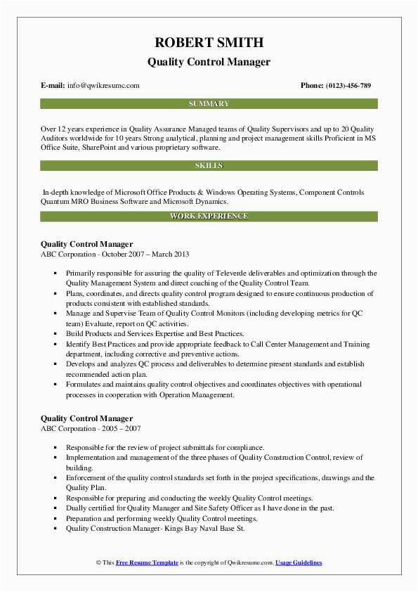 Resume Sample for Quality Control Manager Quality Control Manager Resume Samples