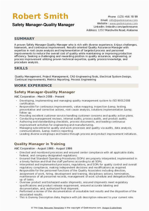 Resume Sample for Quality Control Manager Quality Manager Resume Samples