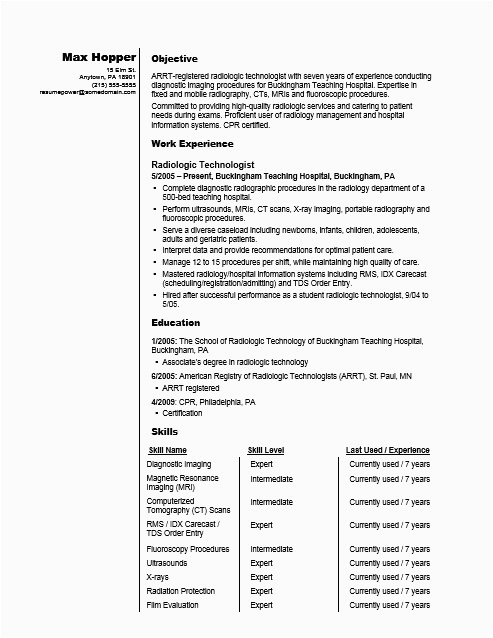 Resume Sample for Rad Tech Application at the Va Radiographer Resume Sample