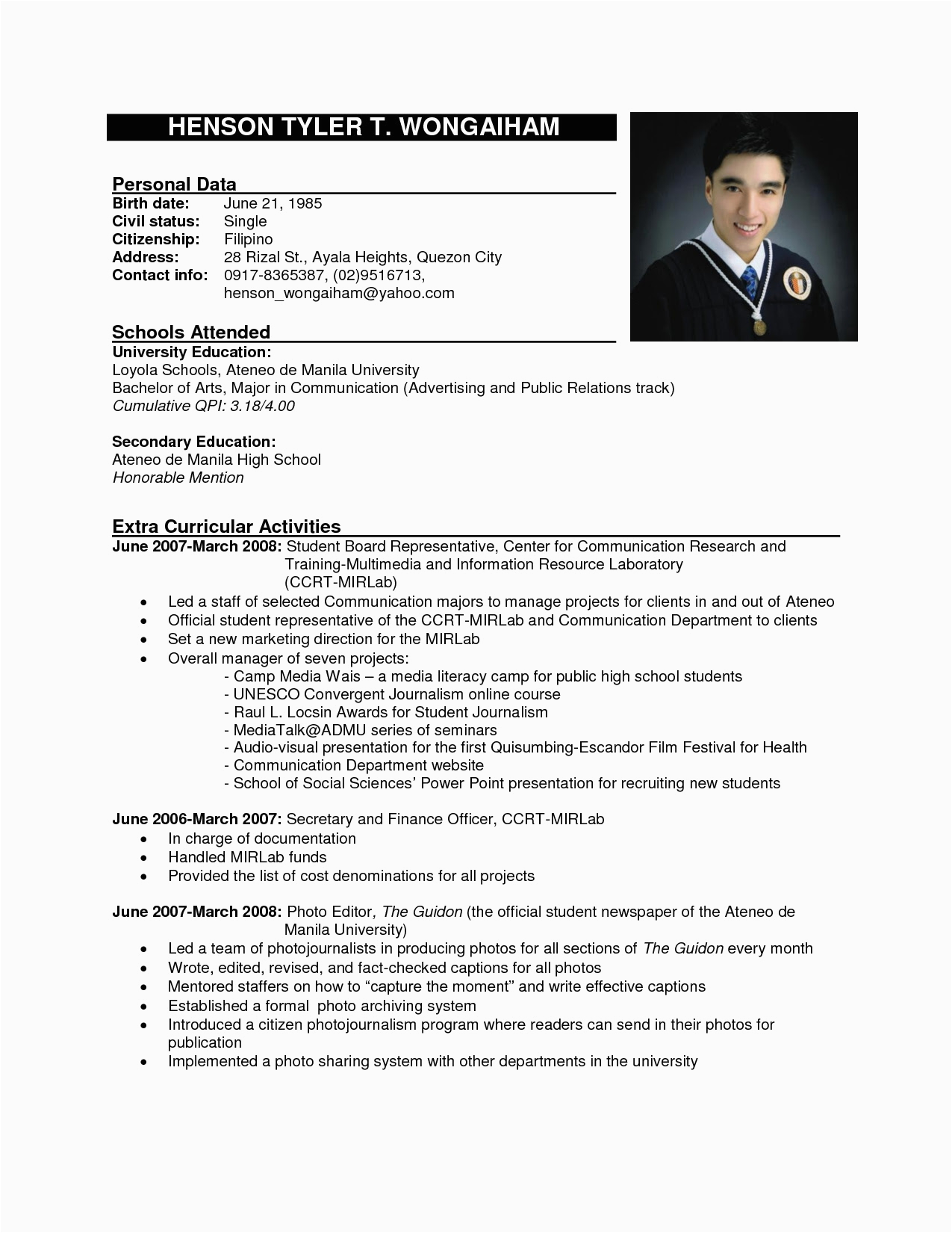 Resume Samples Example Of Resume to Apply Job Sample Cv for Job Application Philippines Sample Resume format