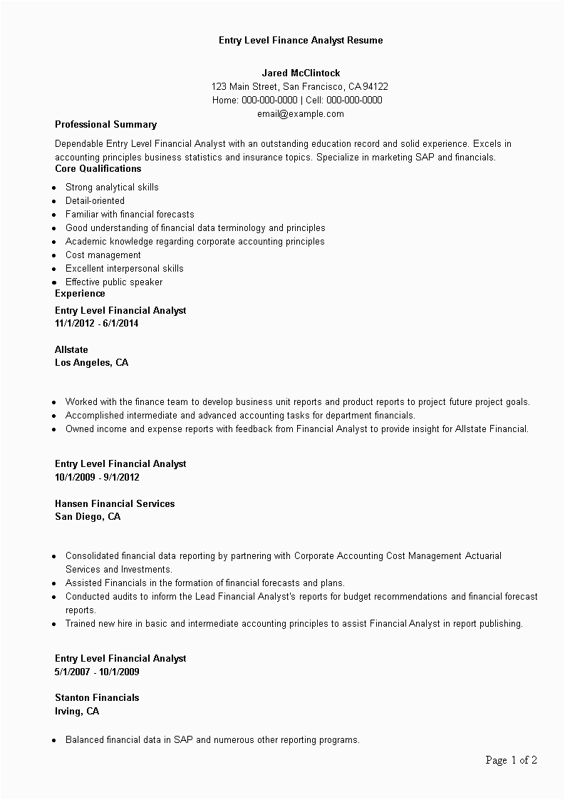 Resume Samples Financial Analyst Entry Level Entry Level Finance Analyst Resume