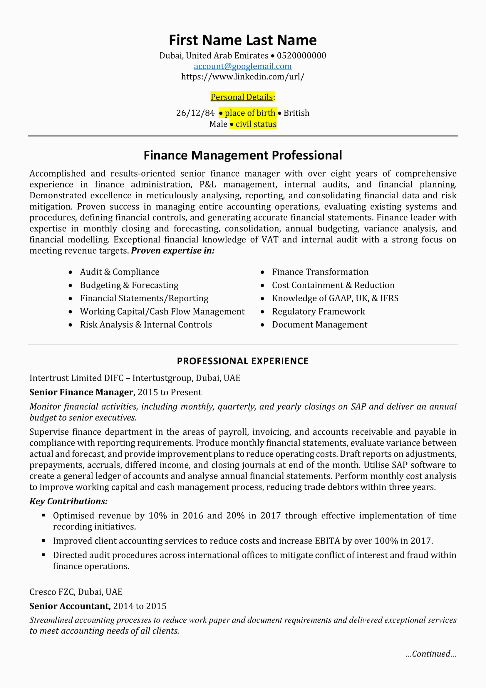 Resume Samples for Experienced Finance Professionals Finance Resumecroc