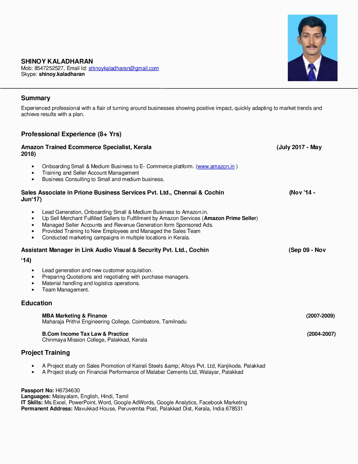 Sales and Marketing Resume Sample India Shinoy Kaladharan – Employmentboom