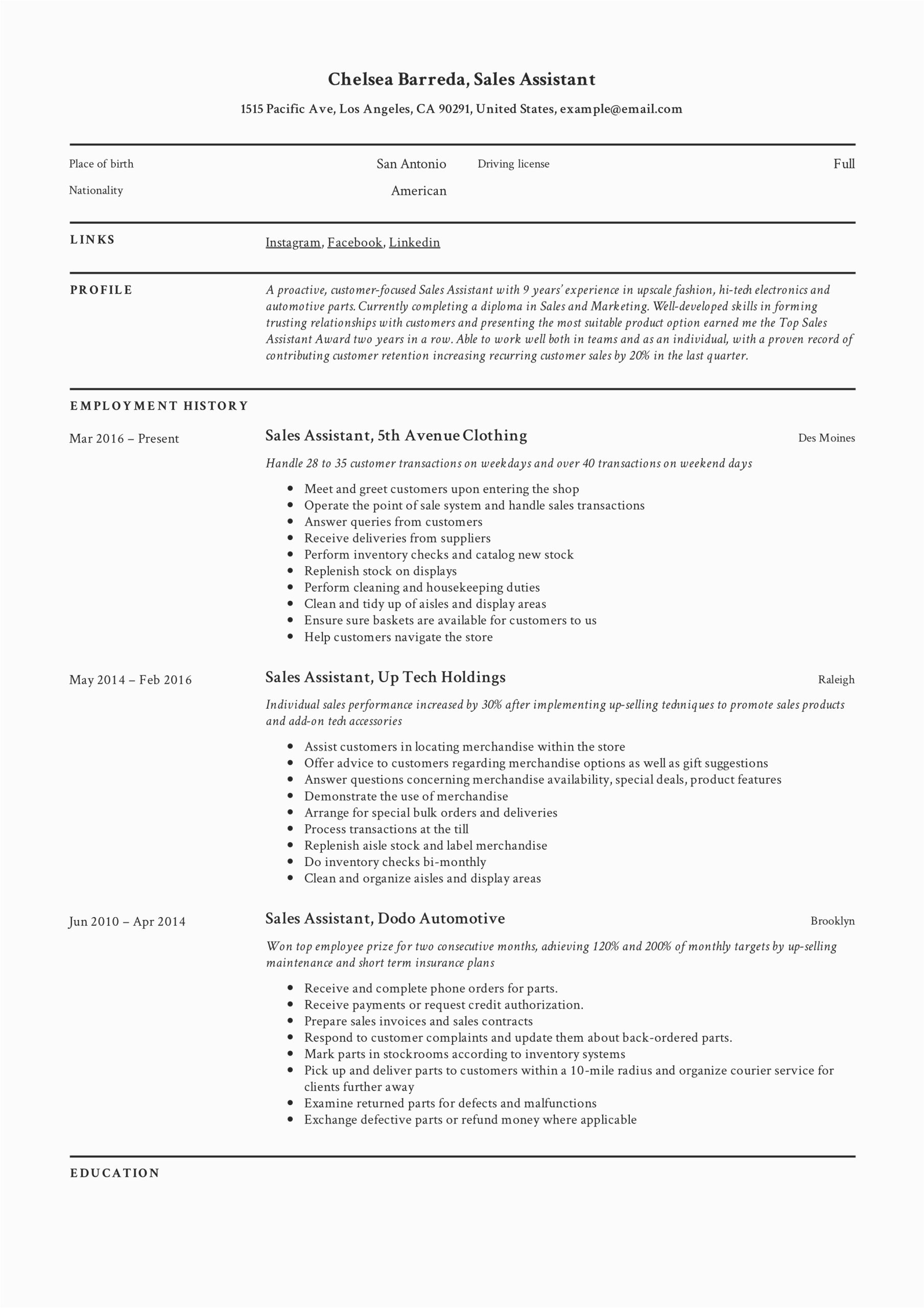 Sales assistant Job Description Resume Sample Sales assistant Resume & Writing Guide
