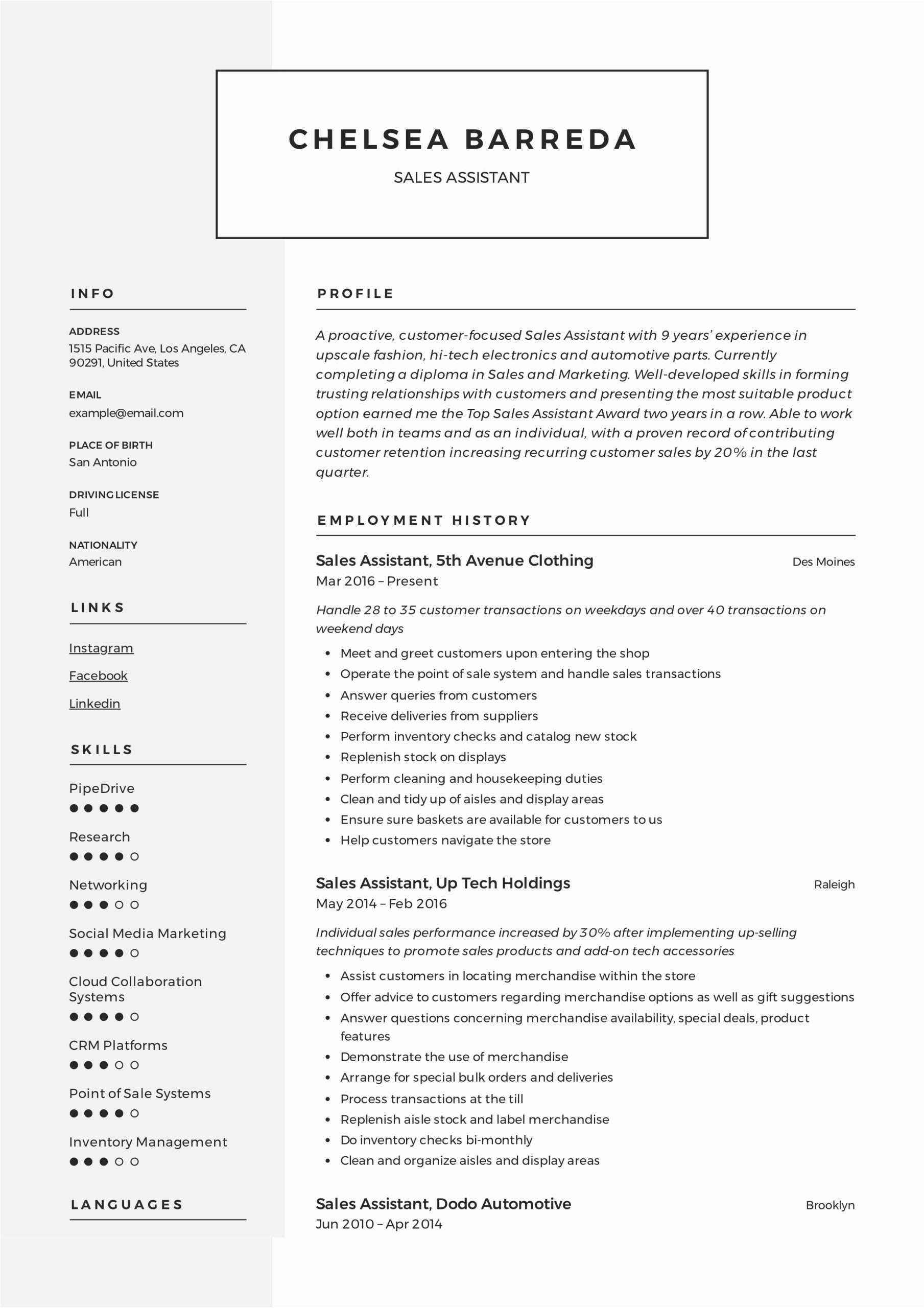 Sales assistant Job Description Resume Sample Sales assistant Resume & Writing Guide