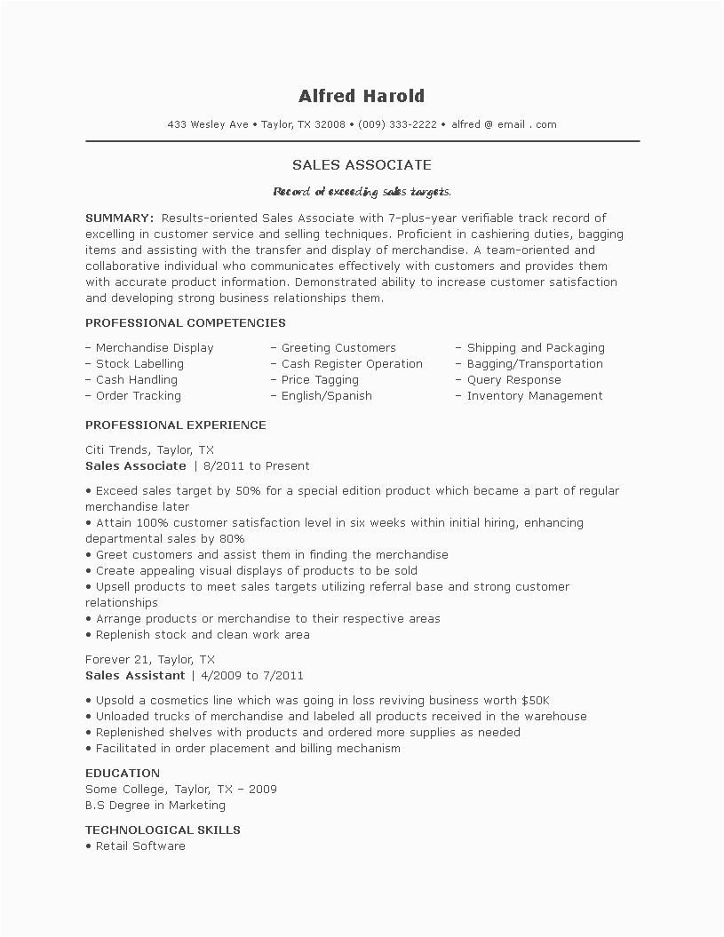 Sales associate Resume Job Description Sample Sales associate Job Resume
