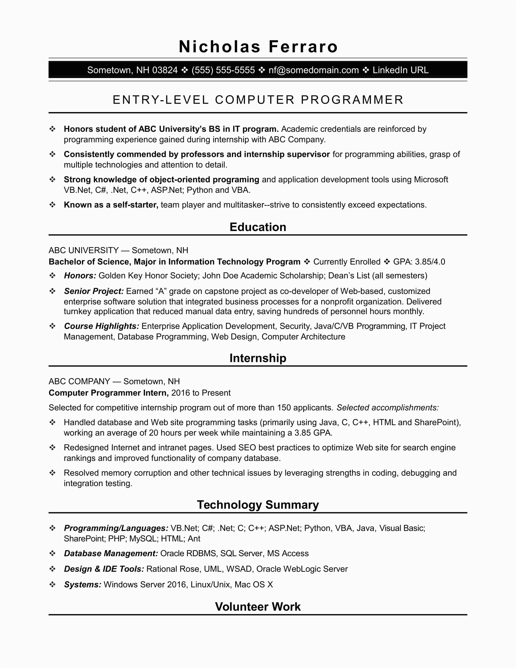 Sample Computer Vision Resumes Entry Level Entry Level Programmer Resume