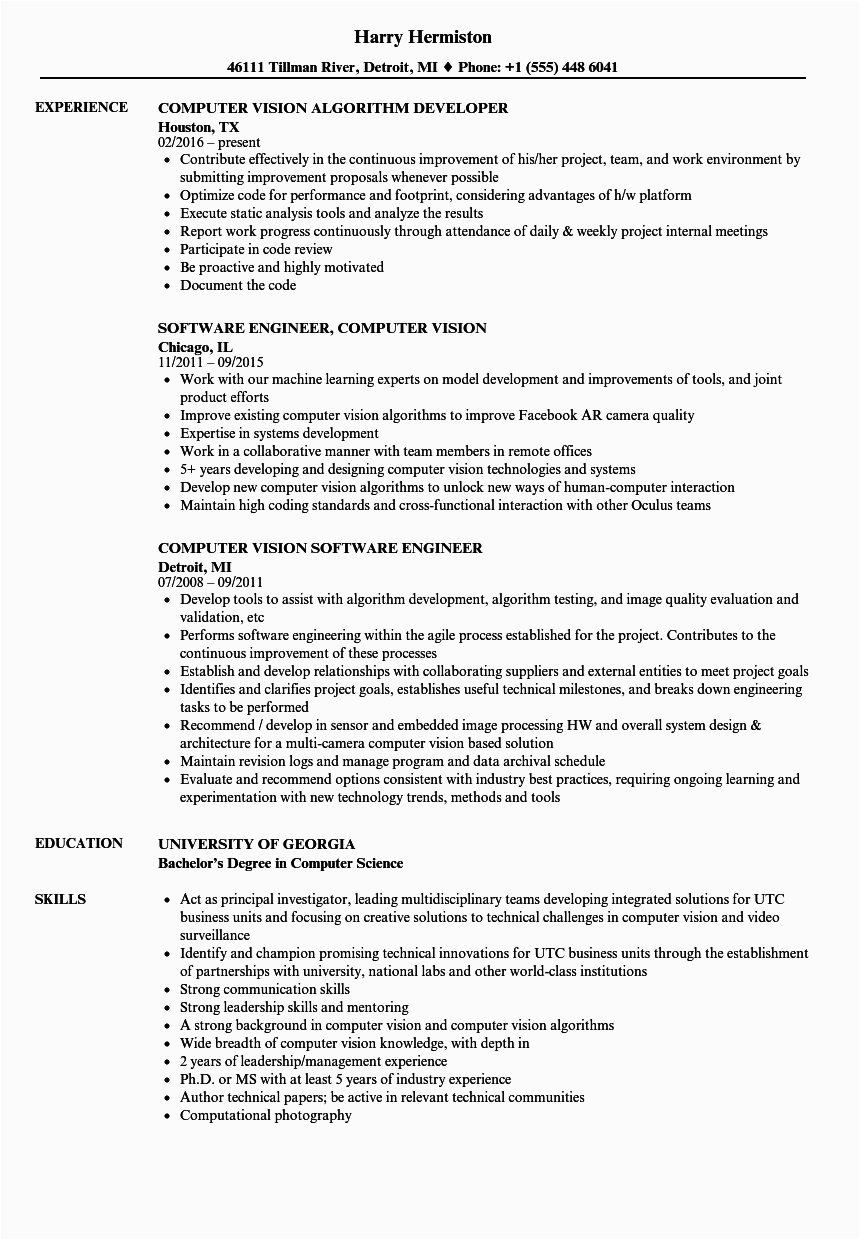 Sample Computer Vision Resumes Entry Level Resume Example Puter Science Best Resume Ideas